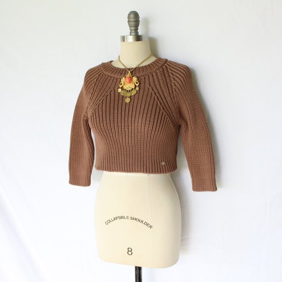 ELISABETTA FRANCHI Maglia cropped brown dress sweater tunic top woven 42 us 6 - Picture 2 of 9